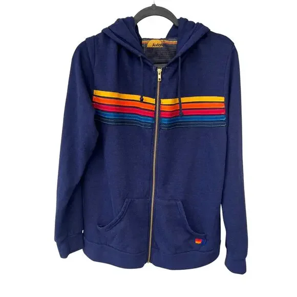 NWOT Aviator Nation 5 Stripe Zip Hoodie Navy Unisex Large Made in USA - Picture 3 of 9